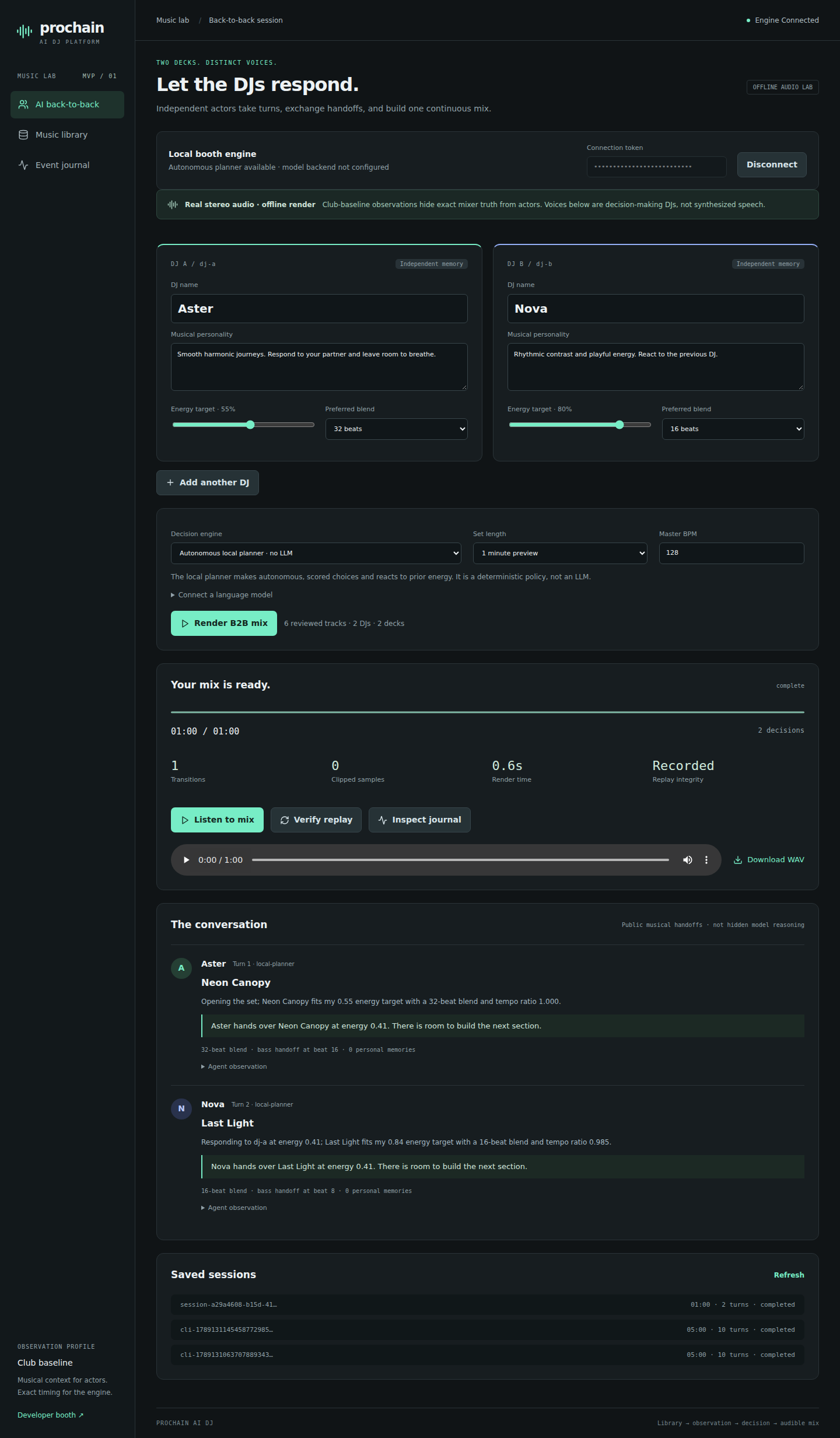 B2B demo with independent actor cards, recording controls and public handoffs