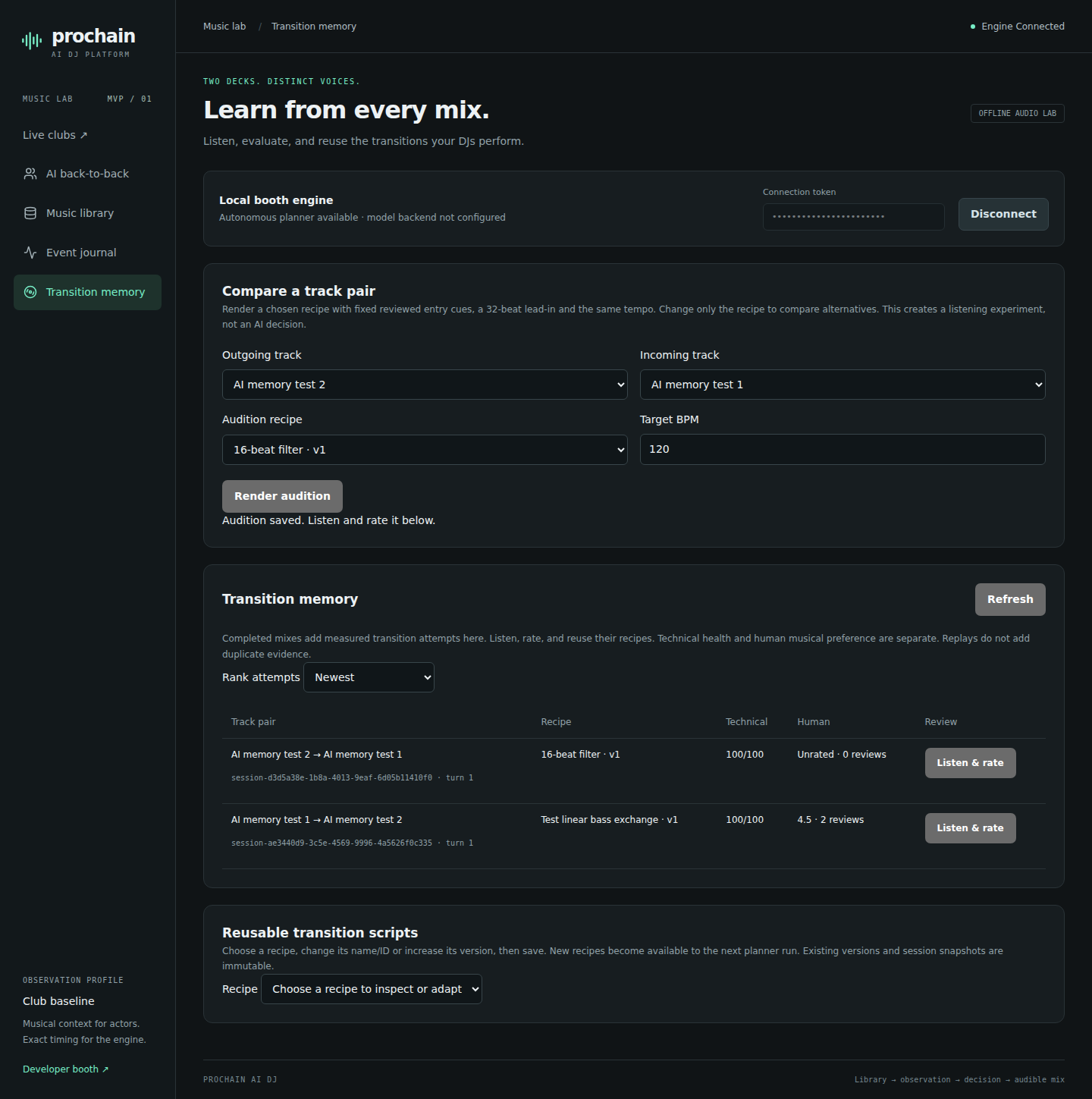 Transition-memory UI using synthetic test assets